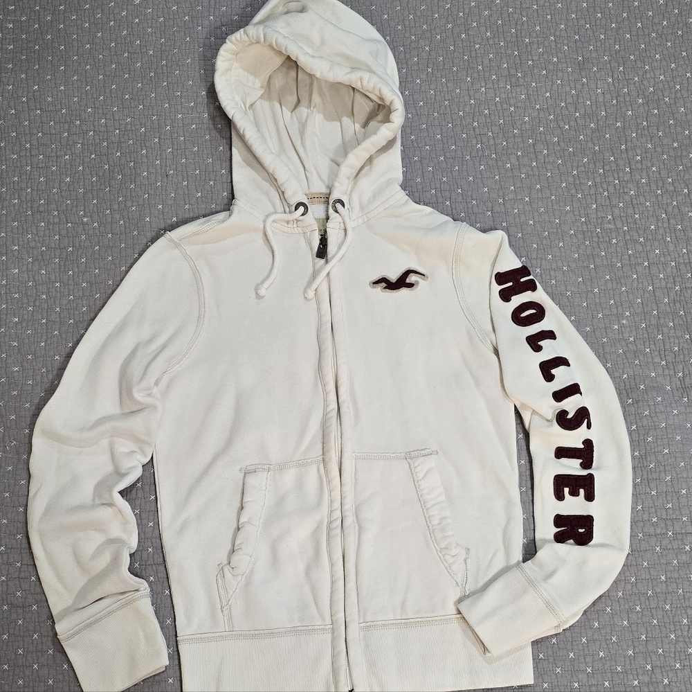 Hollister Cream/White Hoodie with Maroon Logo Accents